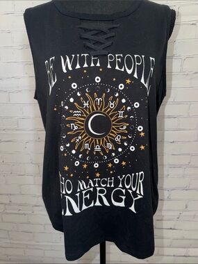 Weekend Soul Black Graphic Lace-Up Tank Top with Astrological Sun Print